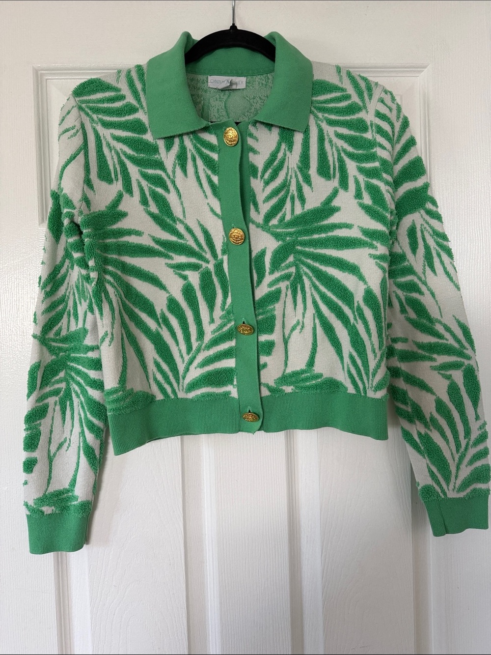 Cynthia Rowley Green and White Leaf-Pattern Collared Cardigan Sweater
